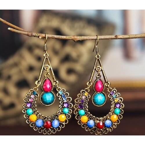 Bohemian Water Drop Vintage Earrings for Women Colorful Acrylic Rhinestone Gold Color Hollow Long Dangle Earrings Jewelry