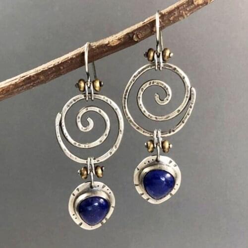 Big Spiral Round Metal Lapis Lazuli Pendant Whirl Earrings Vintage Drop Dangle Hanging Earrings Hollow Blue Stone Drop Jewelry