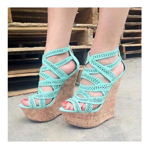 Black Blue Orange Nude Sexy Floral Fretwork Hollow Out Woman Peep Toe Cross Strap Platform Wedge High Heels Sandals Plus Size 47