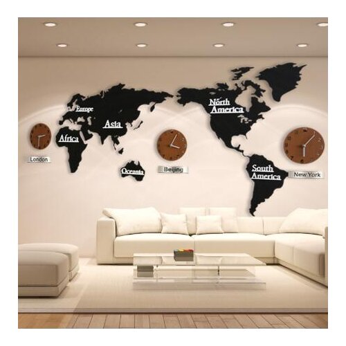 Wooden World Map Home Decor Living Room Wall Clocks Creative 3D World Map Decorative Design Large Alarm Watch Wall Sticker