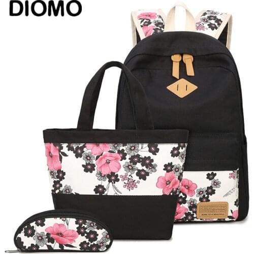 DIOMO Floral School Bag Set for Girls 2020 New Women Backpack Canvas Fashion Flower Print Female Book Bag 3pcs/set