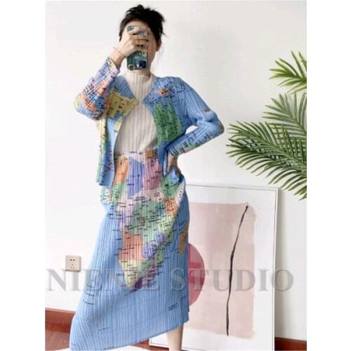 HOT SELLING Miyake fold fashion word long sleeve o-neck coat + Straight skirt Earth map two-piece suit IN STOCK