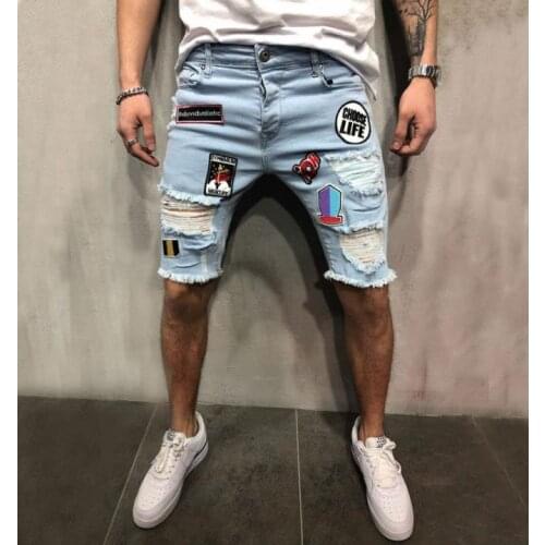Cowboy 5-point shorts mens fashion badge hole beggar personality pants feet frosted edge pants 5-point pants