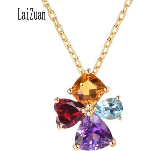 LaiZuan Solid 14K Yellow Gold Natural Citrine Garnet sky Topaz blue Amethyst Engagement Women Trendy Jewelry Necklaces Pendant
