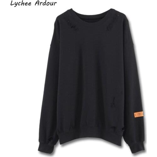 Lychee Ardour Harajuku Hole Solid Color Sweatshirt Long Sleeve O Neck Pullovers Women Spring Autumn Top Streetwear