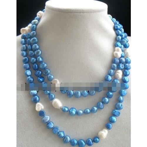 Jewelry freshwater pearl baoque blue white necklace 50" nature