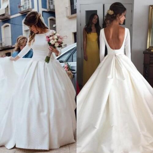 Simple Cheap Dresses New Fashion Satin A Line Long Sleeves Backless Wedding Dress Sexy Bridal Gowns