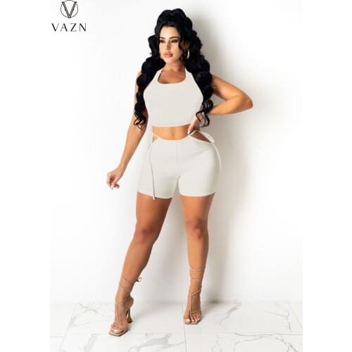 VAZN 2021 Hot Sales Tracksuits Soft Solid Simple Sexy Young Tank Sleeve Short Pants Skinny Women 2 Piece Set Women Wear