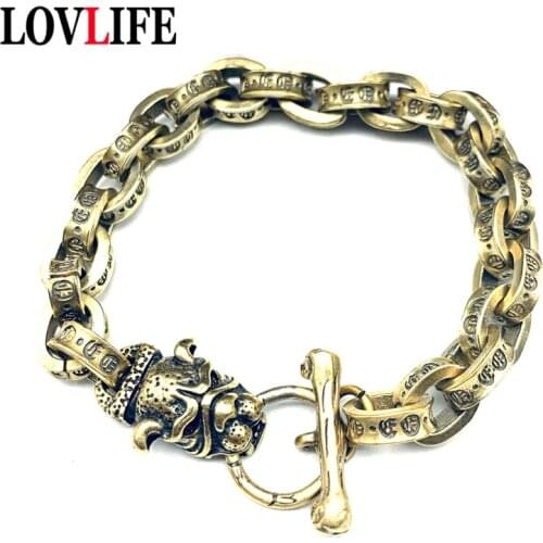 Vintage Brass French Bulldog Bracelets Fashion Men Buddhist Mantra Chains Bracelet Jewelry Copper Zodiac Animal Dog Charms Women