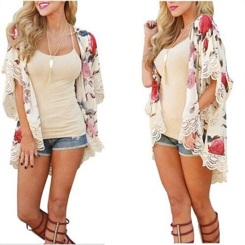 Women Floral Bikini Cover Up Shawl Kimono Cardigan Boho Lace Loose Tops Summer Beach Wear Plus Size
