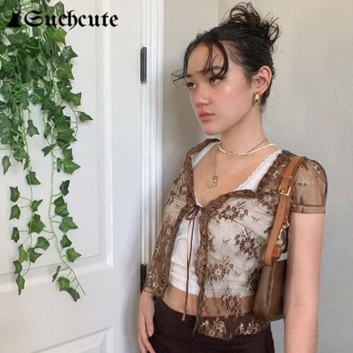 SUCHCUTE Y2K Aesthetic Flower Print Female T-Shirts 2021 New Fashion See Through Lace Crop Tops Summer Korean Style Lace Up Tee