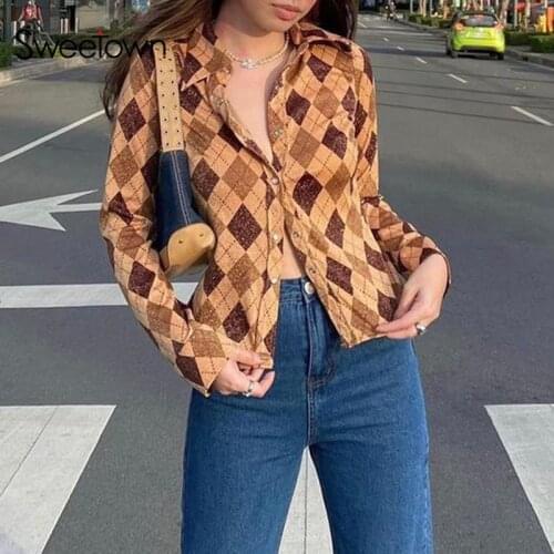 Sweetown Fairy Grunge Vintage Argyle Plaid Shirts Women Single Breasted E Girl Aesthetic Long Sleeve Autumn Tops And Blouses Y2K