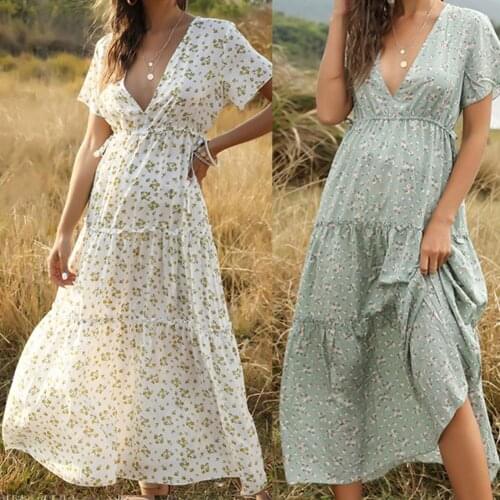 Bohemian Dress for Women Short Sleeve Ruffle Deep V Neck Floral Print Maxi Dress Ladies Party Beach Bodo Vestidos Long Dresses