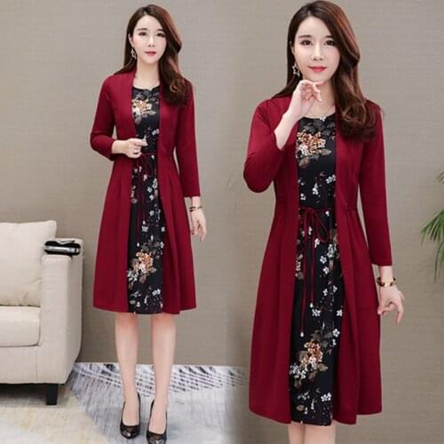 2021 Women casual knee-length dress plus size Long sleeve flower print spring autumn dress office lady Women loose elegant dress