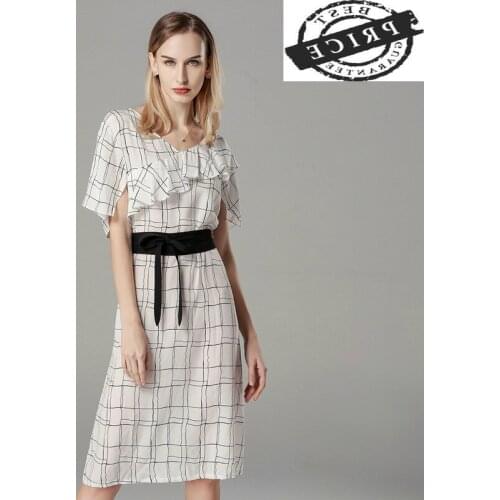 100% Real Silk Dress Women Summer Dress Elegant Plaid White Ladies Dresses V Neck Midi Ruffle Vestidos De Fiesta LWL1a35