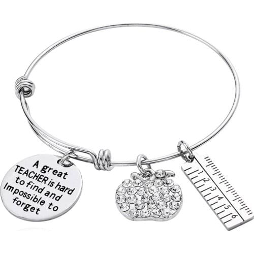 12PC/Lot 'A Great Teacher Is Hard To Find' Crystal Apple Ruler Charm Bracelet Stainless Steel Cuff Bangle Gifts For Teacher