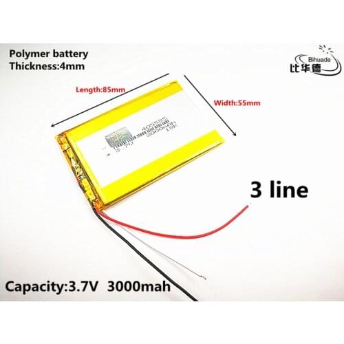 2pcs/lot 3 line Good Qulity 3.7V,3000mAH 405585 Polymer lithium ion / Li-ion battery for tablet pc BANK,GPS,mp3,mp4