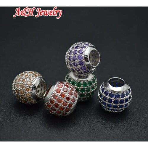 DIY Findings Colorful Zircon Paved Big Hole Round Beads For Luxury Jewelry Making Materials Blue Green Orange Green Beads