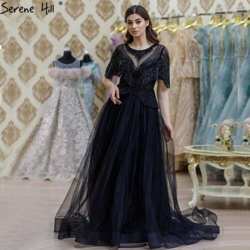 Dubai Black A-Line Tassel Beading Evening Dresses 2020 Tulle Half Sleeves Luxury Formal Dress Evening Gown Serene Hill BLA70585