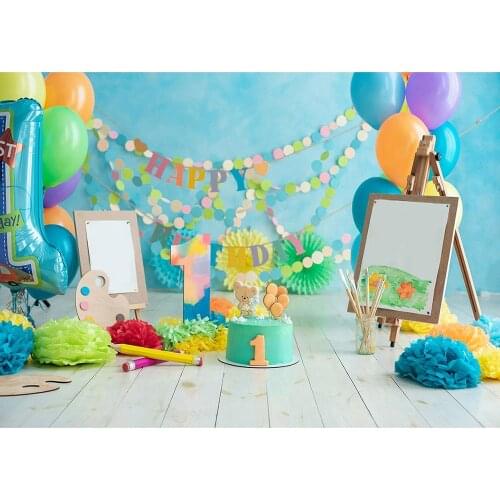 Photographic Backdrops Painting Balloons Cake Vinyl Cloth Background for Baby Children 1 Birthday Party Photophone Photo Studio