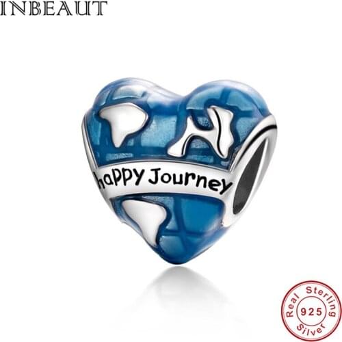 INBEAUT 100% Real Blue Enamel Happy Journey Across World Heart Beads fit Brand Bracelet Travelling Map Charms DIY Jewelry