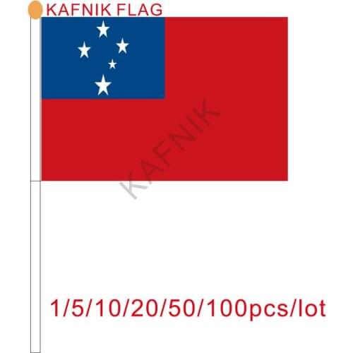 KAFNIK ,10/20/50/100pcs Wholesale Hand wave Samoa banners Samoa National flags polyester materials with pole 14*21 cm