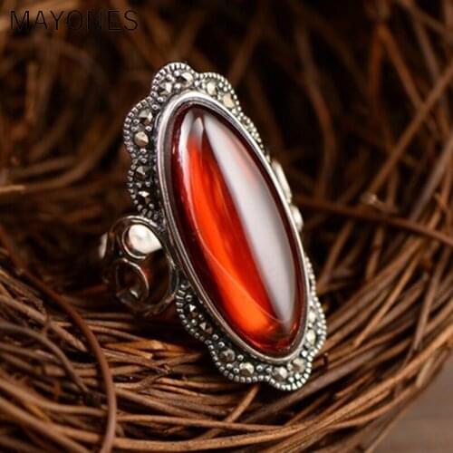 Retro 925 Sterling Silver Inlay Red Garnet Big Oval Rings For Women Vintage Punk Style Handmade Bijoux Indian Jewelry