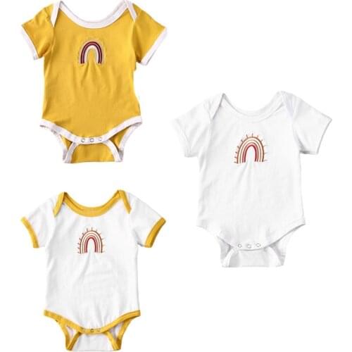 0-18M Toddler Baby Girls Boys Bodysuits Rainbow Print Short Sleeve Cotton Jumpsuits Clothes 3 Colors