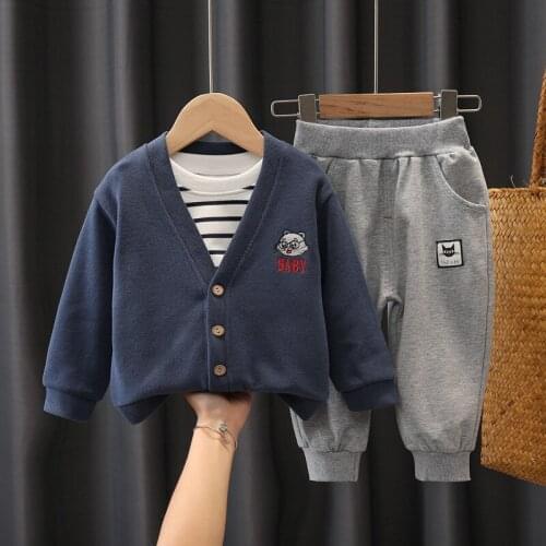 Baby Boy Clothing Set Spring Autumn New 3Pcs Suits Casual Fashion Kids Knitting Coat+Striped T-shirt+Pants Toddler Girls Clothes