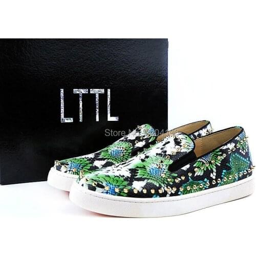 2017 Spring LTTL Men Snakeskin Sneakers Green Printing Flats Slip-on Gold Spike Men Casual Shoes with Rivet Men Floral Shoes