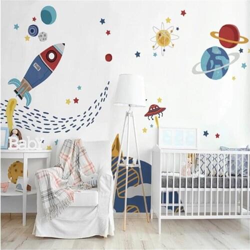 Milofi custom hand-painted childrens bedroom background wall paper cartoon space rocket mural Nordic modern minimalist
