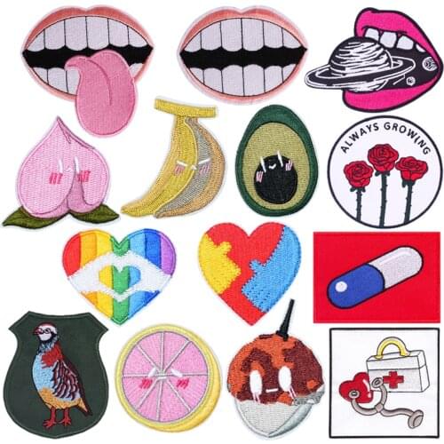 Prajna Cartoon Embroidered Patches for Clothing Heart Stripes Patch Stickers Fruit Watermelon Patch Iron on Patches for Clothes