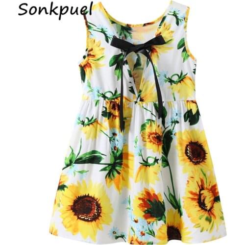 Baby Girls Dress 1-7 Years Girl Sleeveless Sunflower Printed Kids Dresses Summer Children Clothes Toddler Cotton Princess Dress