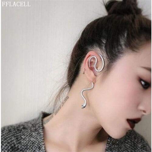 FFLACELL 2020 New Punk Snake Shape Hip Hop Crystal Gold Silver Color Metal Plated Stud Cuff Earrings For Women Girls Jewelry