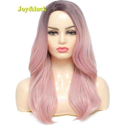 Synthetic Cosplay Wig Long Dark Root Pink Natural Wave With Middle Part Wigs For White Women Cos Or Party Use Hair