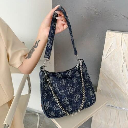 Vintage Cotton Linen Flowers Printing Women Underarm Shoulder Bags Casual Chain Small Top Handle Handbags Ladies Shoulder Bags