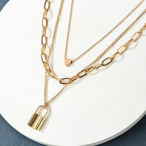 Vintage Gold Lock Necklaces For Women Girls Heart Multi-Layer Pendant Necklace 2021 Trend Female Fashion Wedding Jewelry Gift