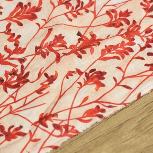 High quality flax material Red plants printing patchwork High grade robe dress cheongsam fabric