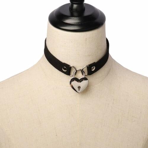 Women Punk Gothic Leather Choker Chain Heart Lock Buckle Collar Goth Necklace Padlock Party Grunge Jewelry Neck Accessories