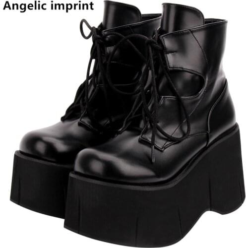 Angelic imprint Women fashion motorcycle punk boots lady short Boots woman high trifle wedges heels pumps shoes lace up 33-47