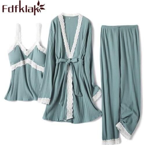 Fdfklak Womens Home Suit Sexy Sleepwear Spring Autumn Long Sleeve Pyjamas Women 100% Cotton Pajamas 3 Pcs Pijama Feminino