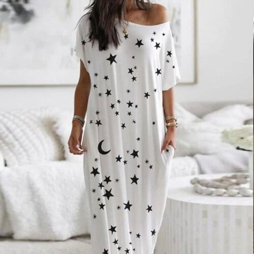 Women Short Sleeve Floor-Length Dress Summer Star Moon Print Long Dresses Ladies Casual Loose Split Maxi Dress Vestidos