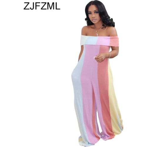 Colorful Striped Summer Beach Bodysuit for Women Off Shoulder Short Sleeve Wide Leg Romper Slash Neck Backless Straight Jumpsuit