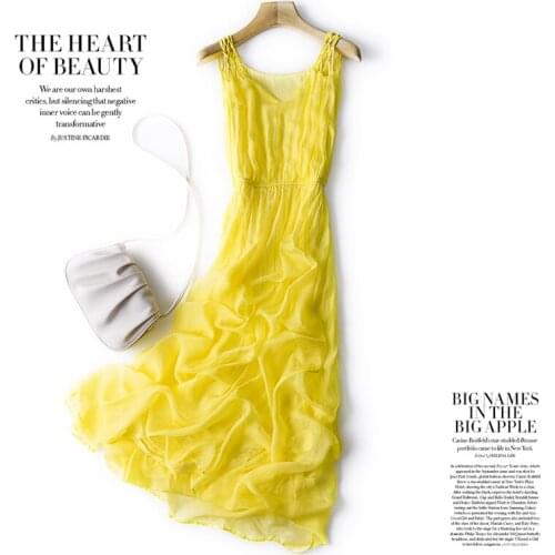 High Quality 100% Silk Summer Dress 2021 White Beach Dress Elegant Maxi Dresses for Women Casaul Sleeveless Robe Femme Pph5018