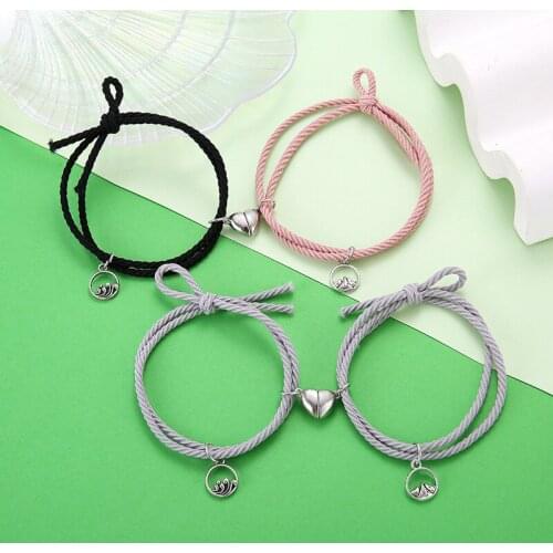 2Pcs/Set Couple Magnetic Distance Bracelet Heart Pendant Lucky Rope Braided Charms Bracelets for Women Men Lovers Jewelry Gifts