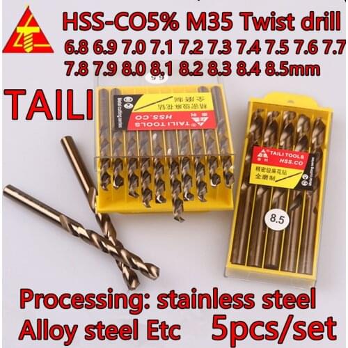 6.8-8.5mm 5pcs/set TAILI HSS-CO5 M35 Twist drill Processing: stainless steel Alloy steel Etc. Free shipping