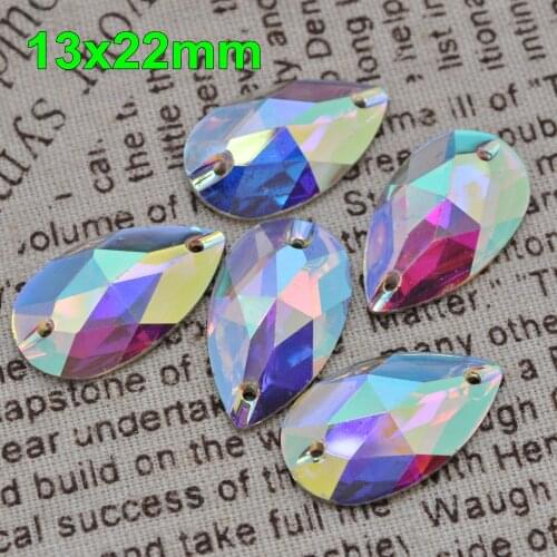 Free Shipping, 100pcs/Lot, Hight Quality 13x22mm Crystal AB Teardrop flat back Resin Sew-on Stones