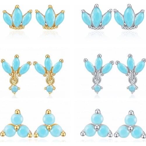 BOAKO 925 Sterling Silver Turquoise Crown Stud Earrings For Women Bohemian Tiny Blue Zircon Second Hole Ear Studs Jewelry Set