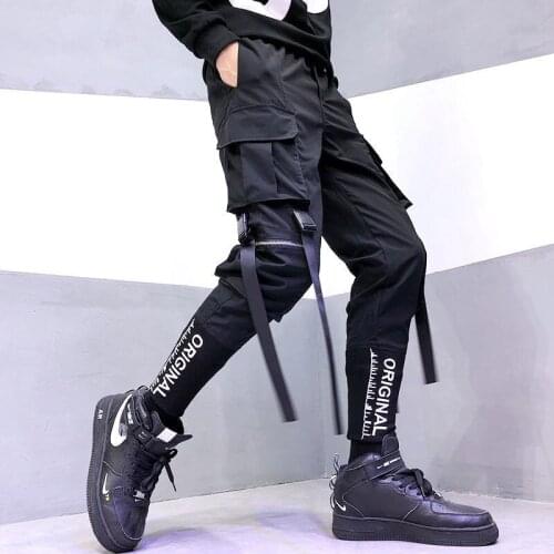 Mens Streetwear Ribbons Pockets Harem Pants Spring Summer Casual Sweatpants Hip Hop Joggers Slim Fit Black Men Pencil Pants