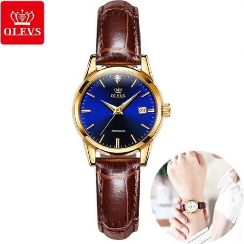 OLEVS Women Automatic Watch Mechanical Watches for Women Brown Leather Classic Ladies Watches Casual 3ATM Waterproof WristWatch